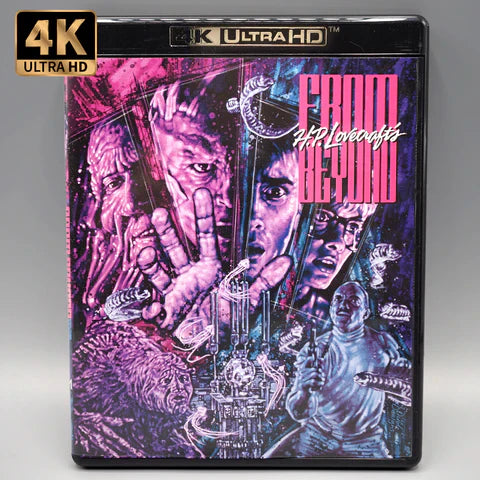 4K UHD Blu-ray of "From Beyond" by Vinegar Syndrome with colorful slipcover.