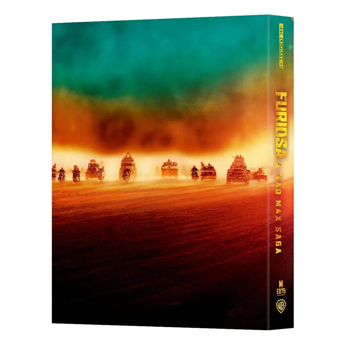 Furiosa: A Mad Max Saga 4K UHD and Blu-Ray steelbook with vivid desert chase scene and exclusive full slip design