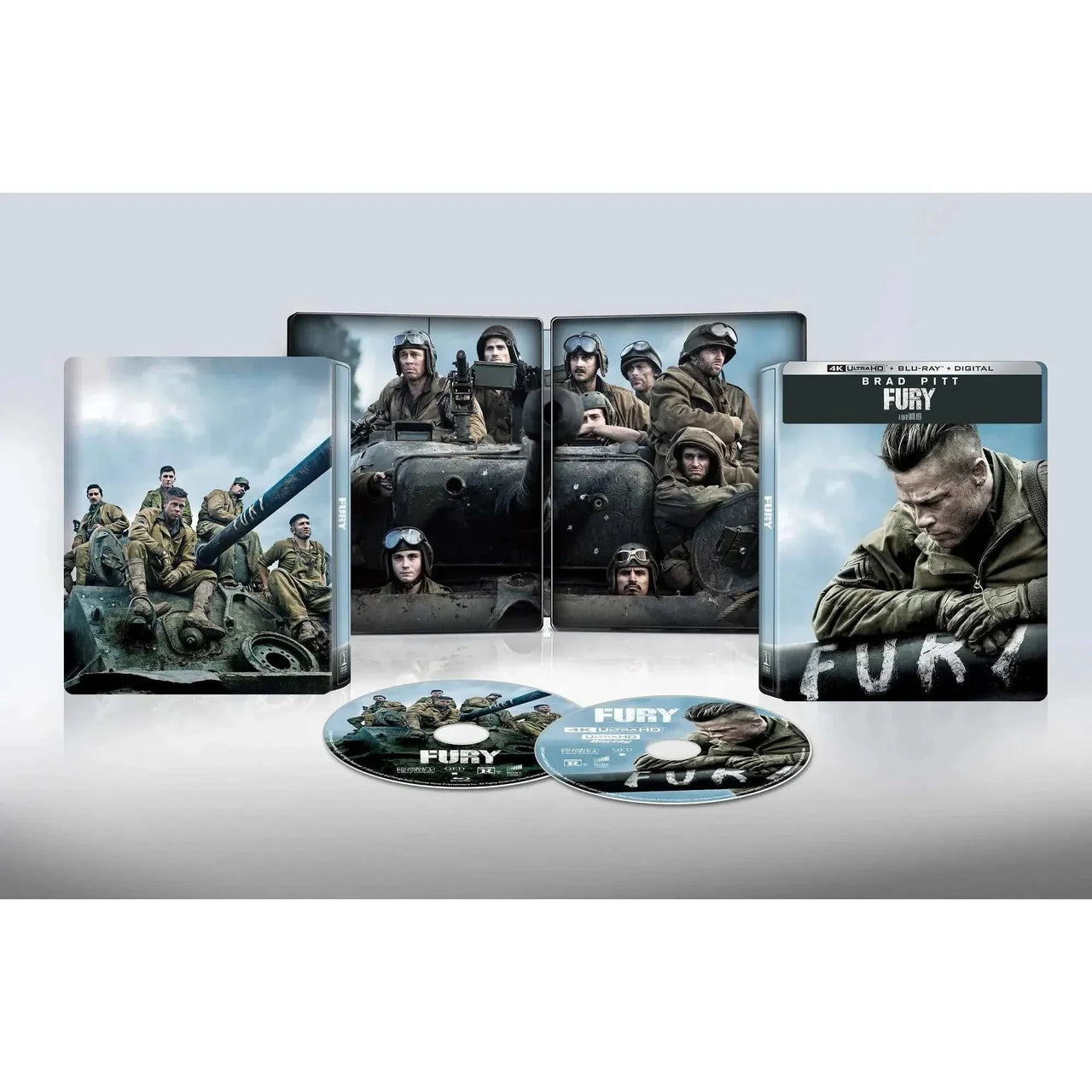 PRE-ORDER Fury (2014) Limited Edition 4K UHD Blu-Ray Steelbook set with exclusive artwork and discs displayed.