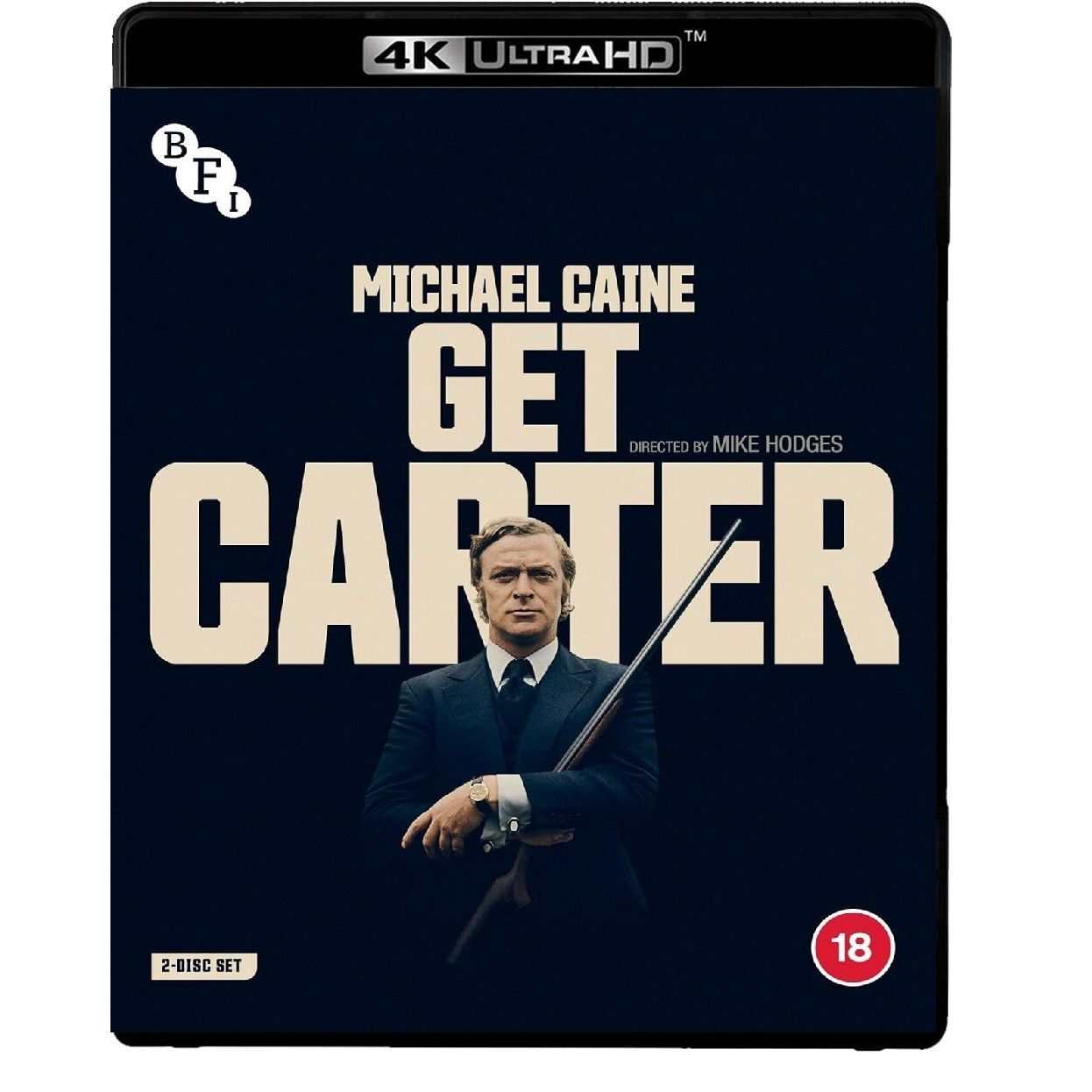 Get Carter 4K UHD Blu-ray cover featuring Michael Caine with gun in dark suit, BFI edition, region free, crime film classic