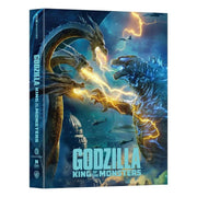 Godzilla King of the Monsters steelbook 4K UHD Blu-ray cover with Godzilla and King Ghidorah battling under stormy sky