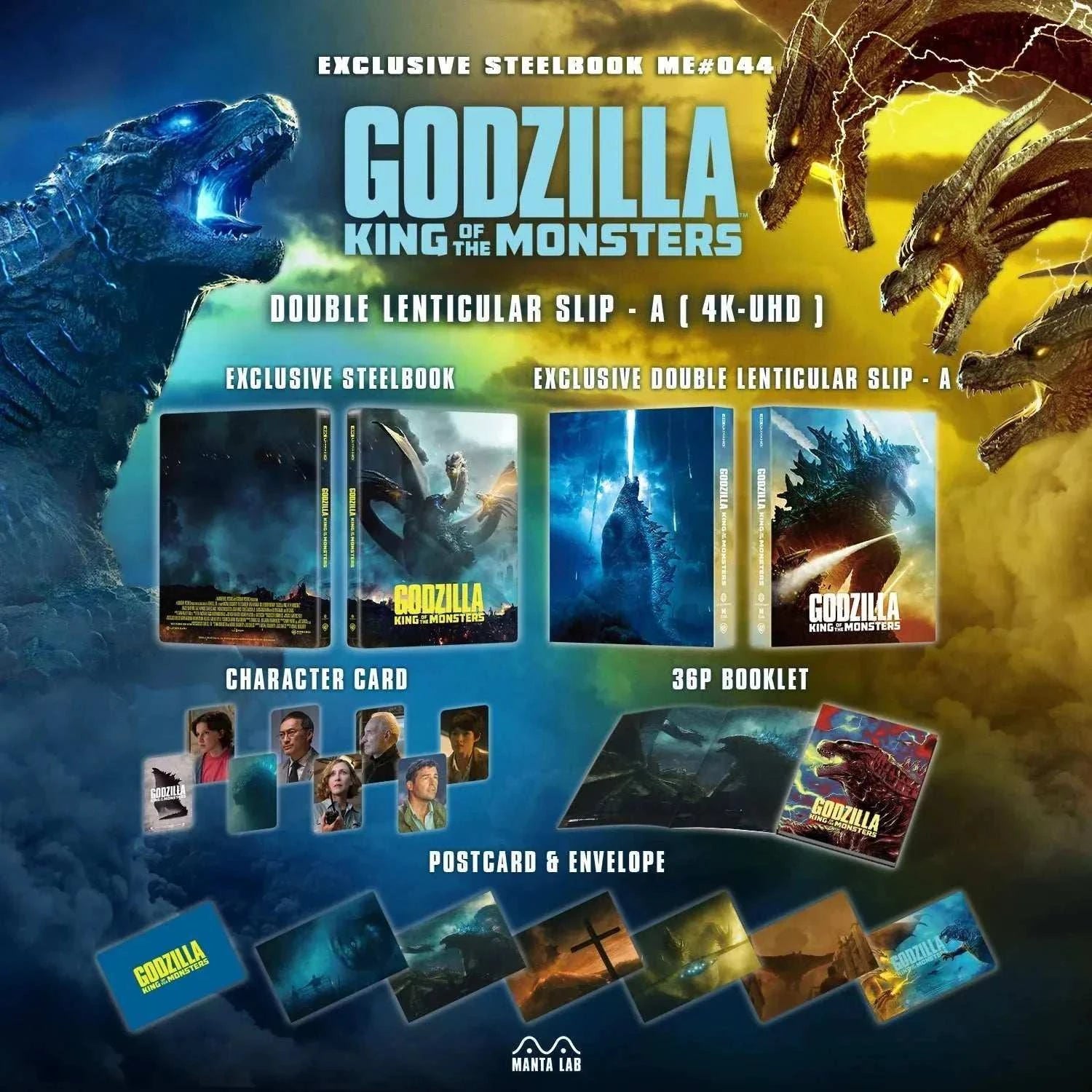 Godzilla King of the Monsters steelbook 4K UHD and Blu-Ray featuring double lenticular slip, character cards, postcards, and booklet.