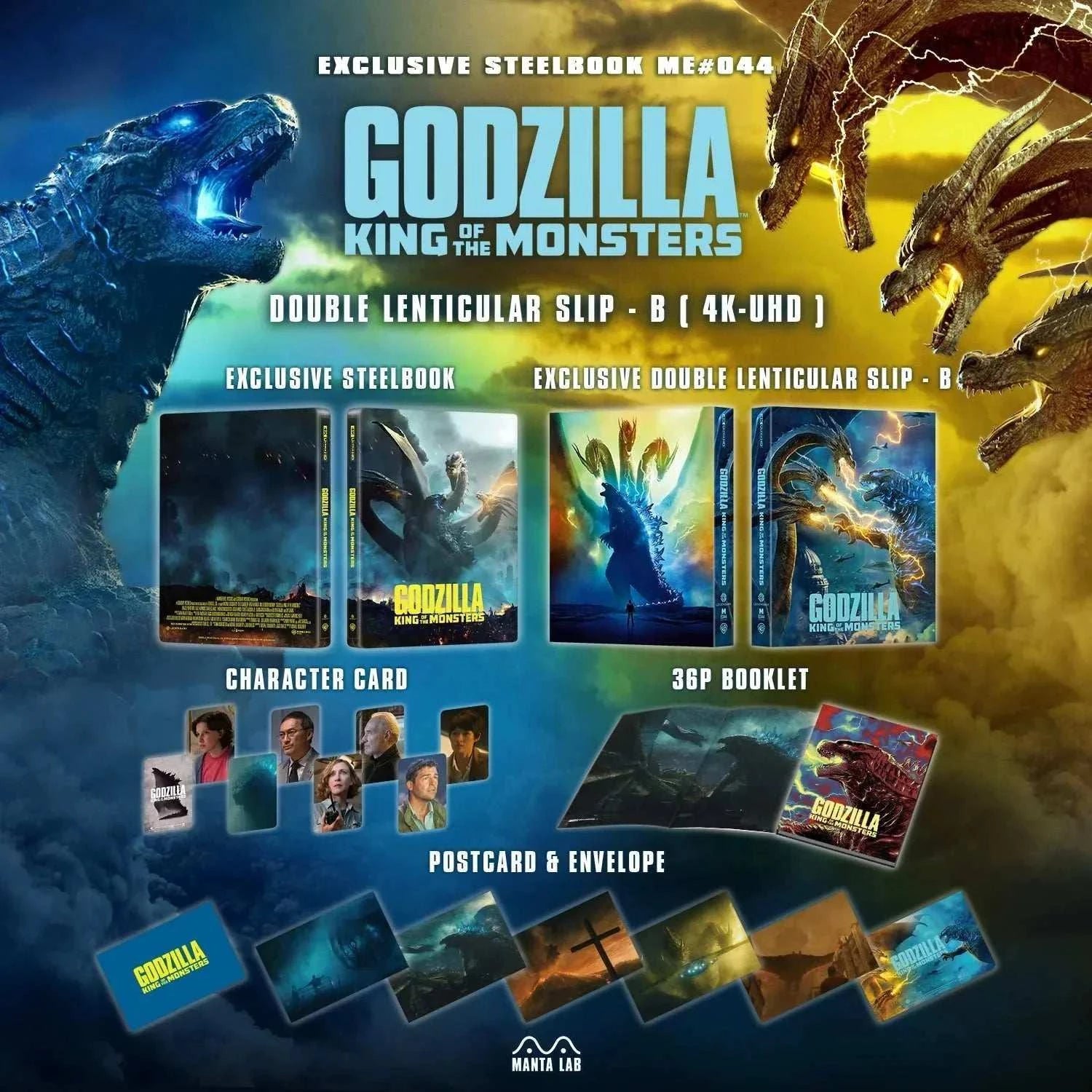Godzilla: King of the Monsters Steelbook 4K UHD and Blu-Ray set with exclusive lenticular slip, booklet, character cards, postcards, and collectible packaging.