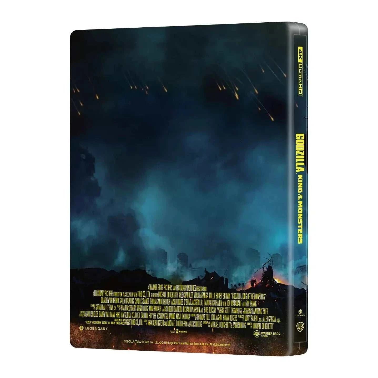 Godzilla: King of the Monsters Steelbook 4K UHD and Blu-Ray full slip edition, dark stormy design with yellow spine text and detailed credits.