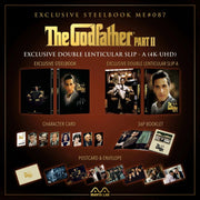 The Godfather Part II Steelbook 4K UHD and Blu-Ray exclusive Manta Lab edition with lenticular slip, character cards, booklet, postcards, and envelope.