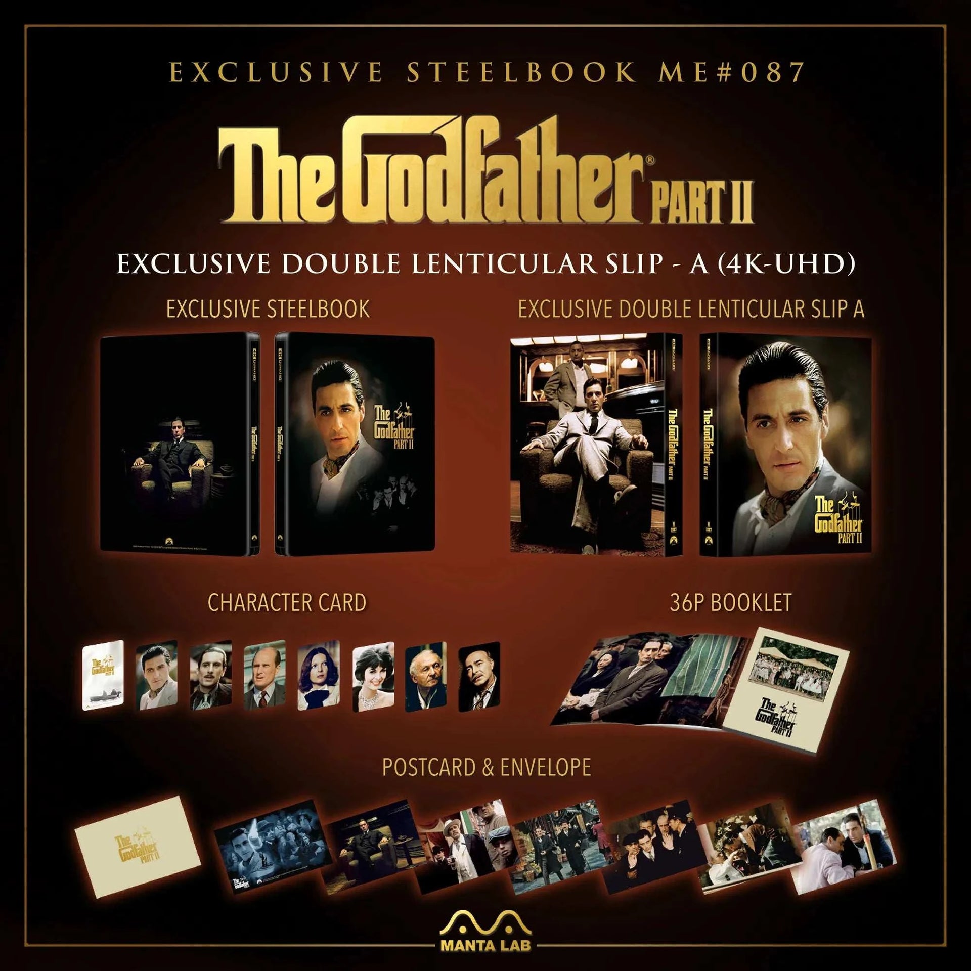 The Godfather Part II Steelbook 4K UHD and Blu-Ray exclusive Manta Lab edition with lenticular slip, character cards, booklet, postcards, and envelope.