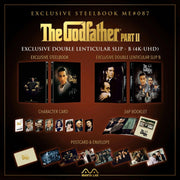 The Godfather Part II Steelbook 4K UHD and Blu-Ray double lenticular full slip B edition with exclusive packaging, character cards, booklet, postcards, and envelope by Manta Lab.