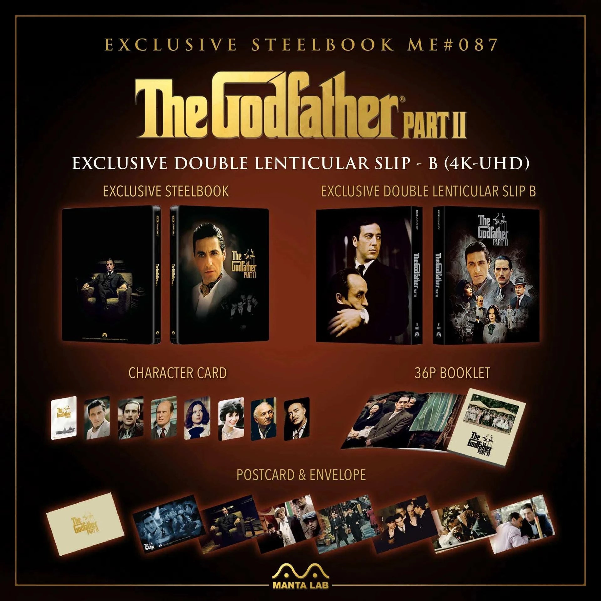 The Godfather Part II Steelbook 4K UHD and Blu-Ray double lenticular full slip B edition with exclusive packaging, character cards, booklet, postcards, and envelope by Manta Lab.