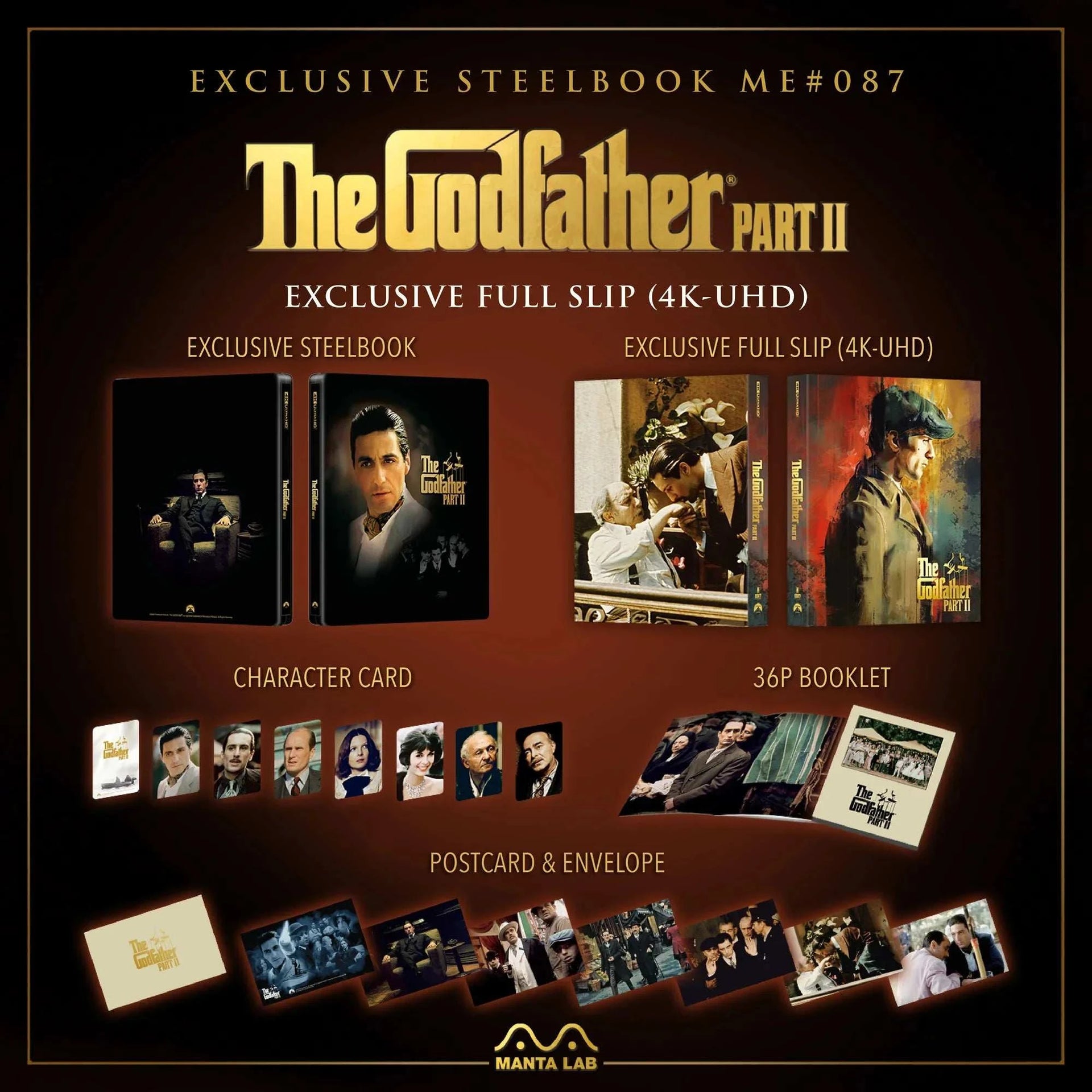 The Godfather Part II Steelbook 4K UHD and Blu-Ray full slip edition with character cards, 36-page booklet, postcards, and exclusive packaging by Manta Lab.