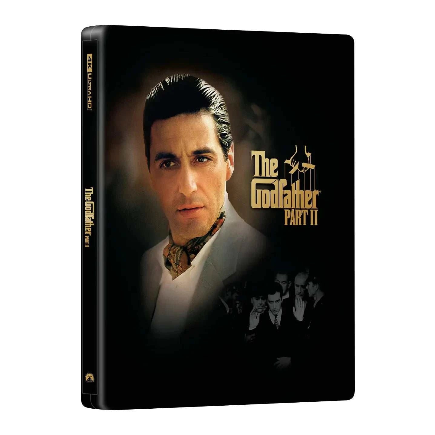 The Godfather Part II Steelbook 4K UHD and Blu-Ray full slip edition featuring Vito Corleone artwork and embossed title design.