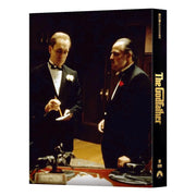 The Godfather Steelbook with double lenticular full slip design featuring iconic movie scene and embossed title.