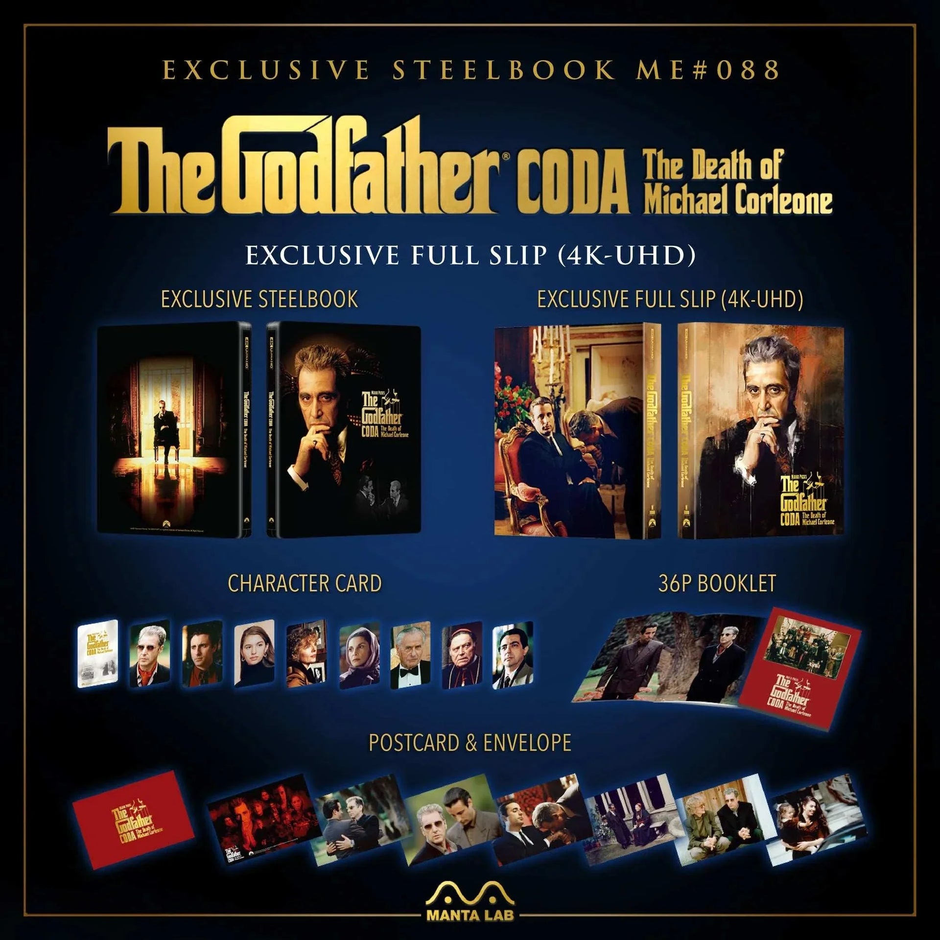 The Godfather Part III full slip steelbook 4K UHD and Blu-Ray collectible set with booklet, postcards, and character cards.