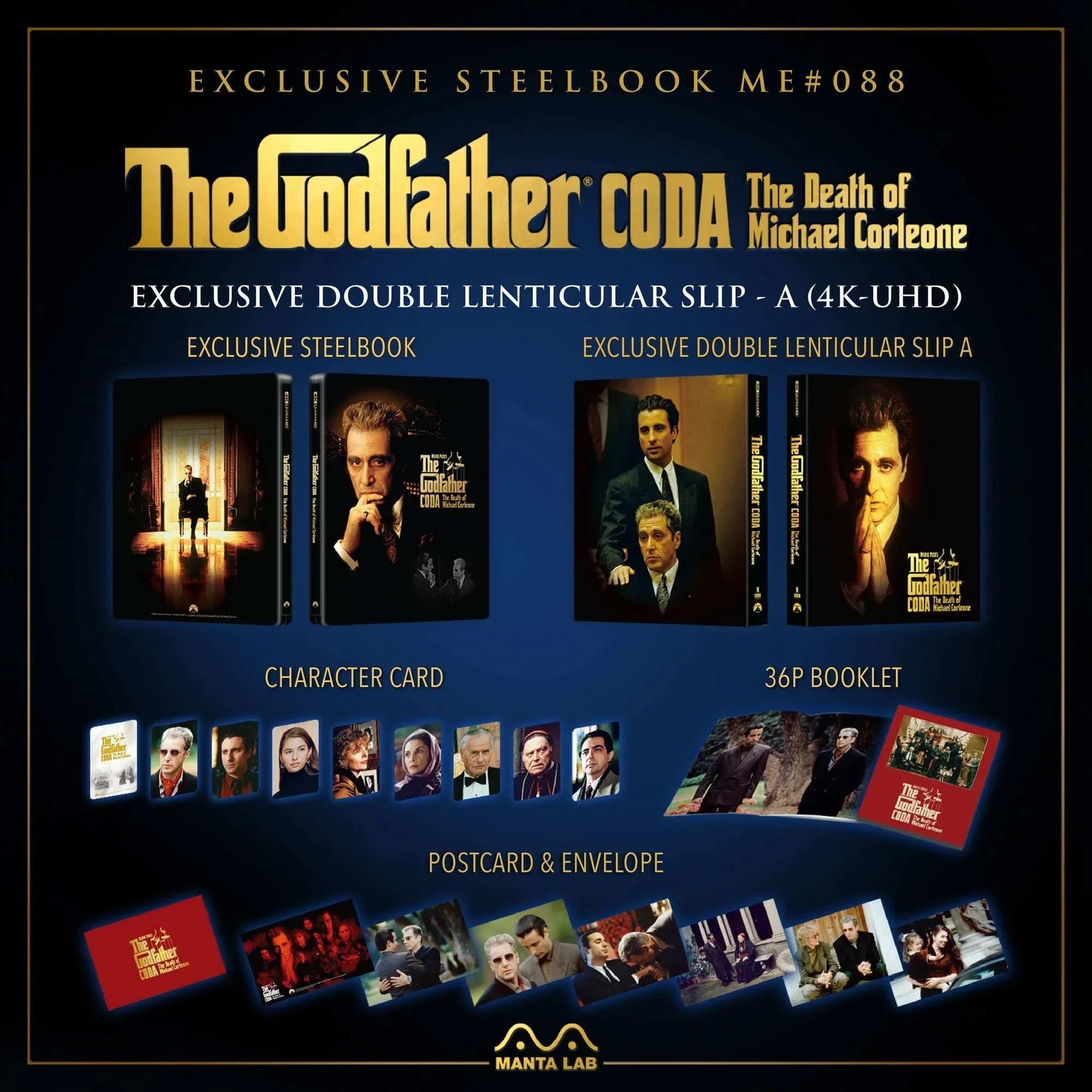 The Godfather Part III Steelbook 4K UHD + Blu-Ray double lenticular slip deluxe edition with booklet, postcards, and character cards by Manta Lab
