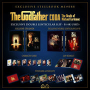 The Godfather Part III exclusive steelbook pre-order 4K UHD Blu-Ray set with lenticular slip, booklet, character cards, postcards, and premium packaging by Manta Lab