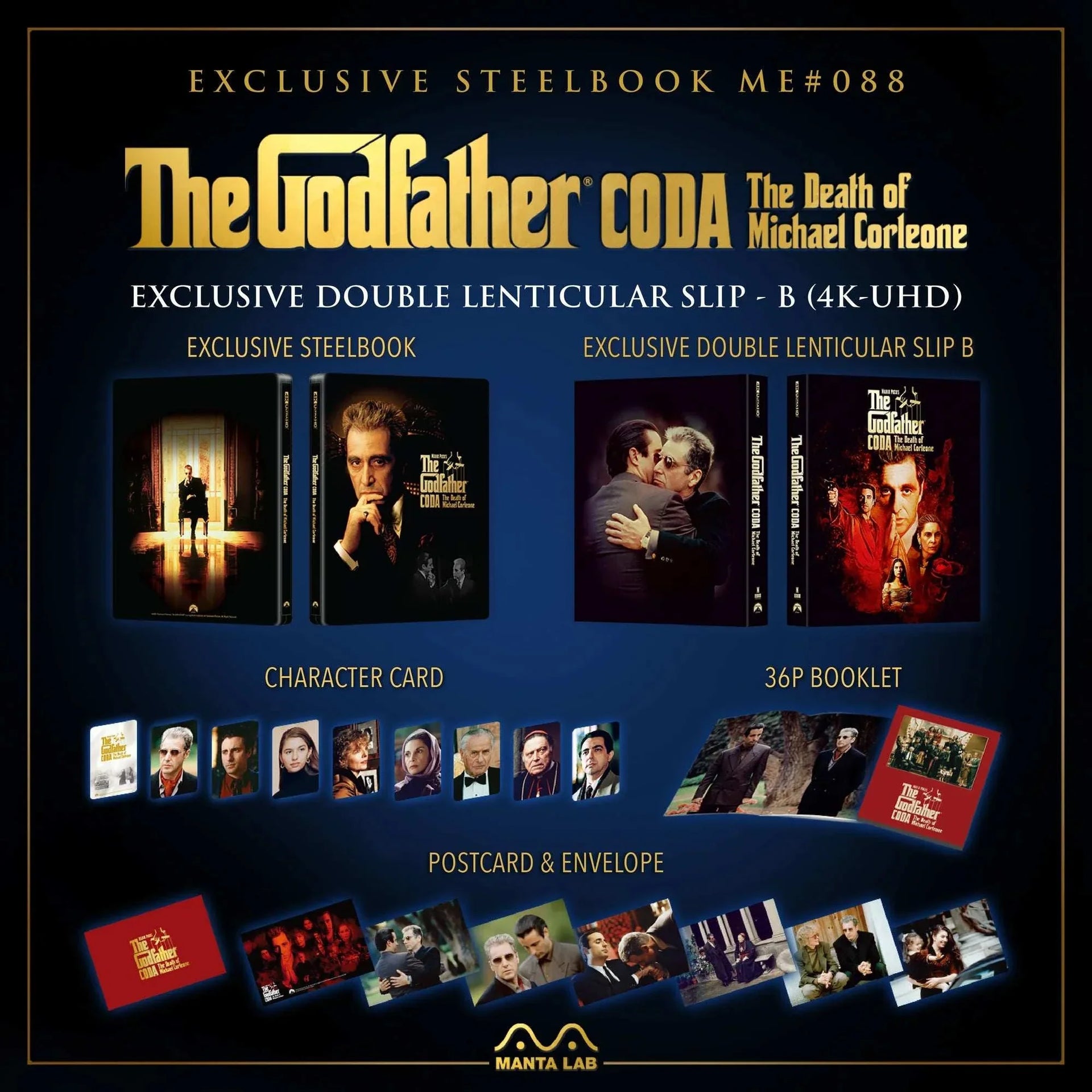 The Godfather Part III exclusive steelbook pre-order 4K UHD Blu-Ray set with lenticular slip, booklet, character cards, postcards, and premium packaging by Manta Lab