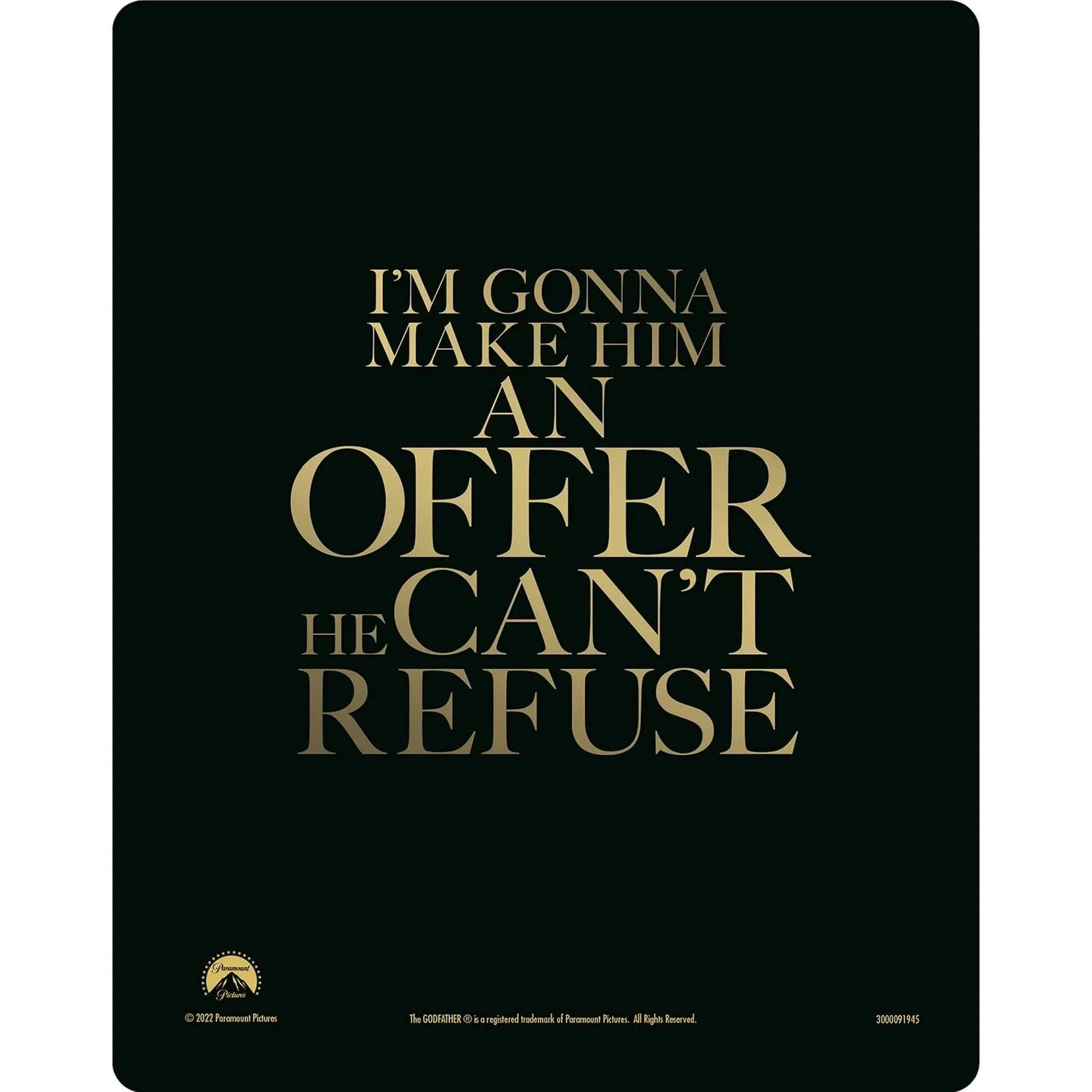 The Godfather 4K UHD limited edition steelbook with iconic "I'm gonna make him an offer he can't refuse" quote on black background