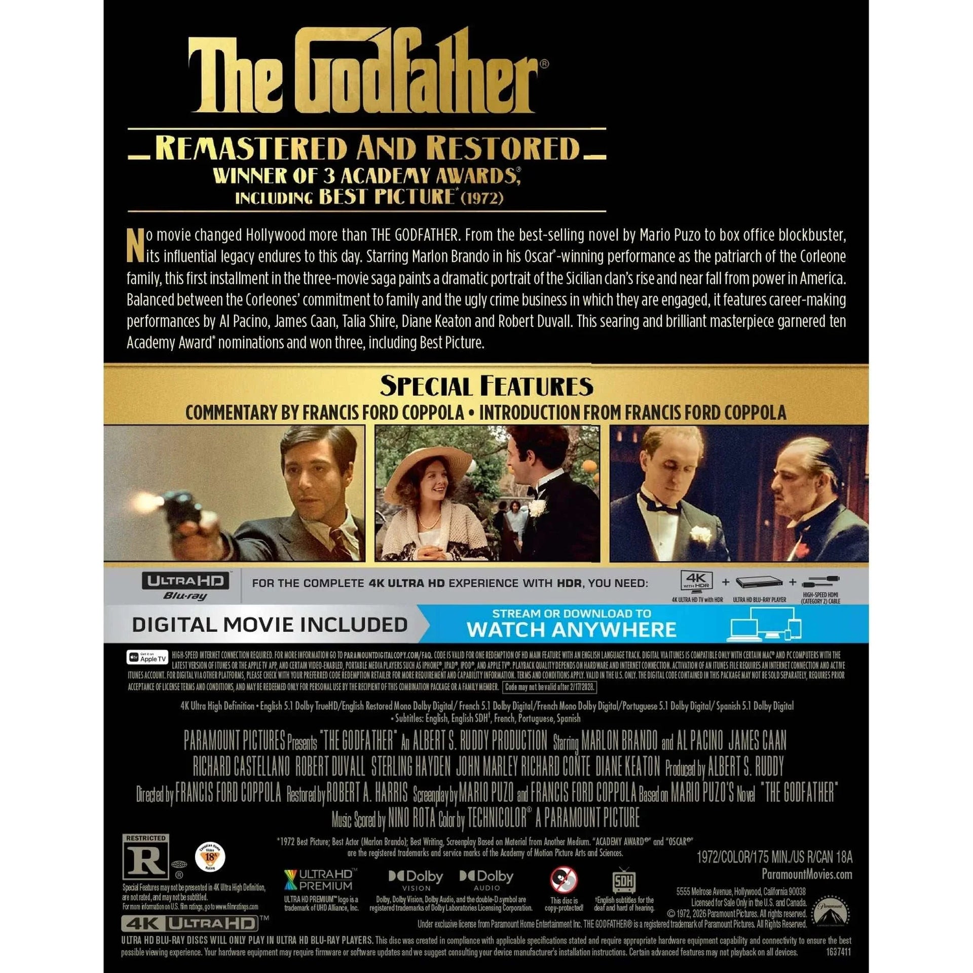 The Godfather 4K UHD Limited Edition Steelbook with remastered features and exclusive commentary by Francis Ford Coppola