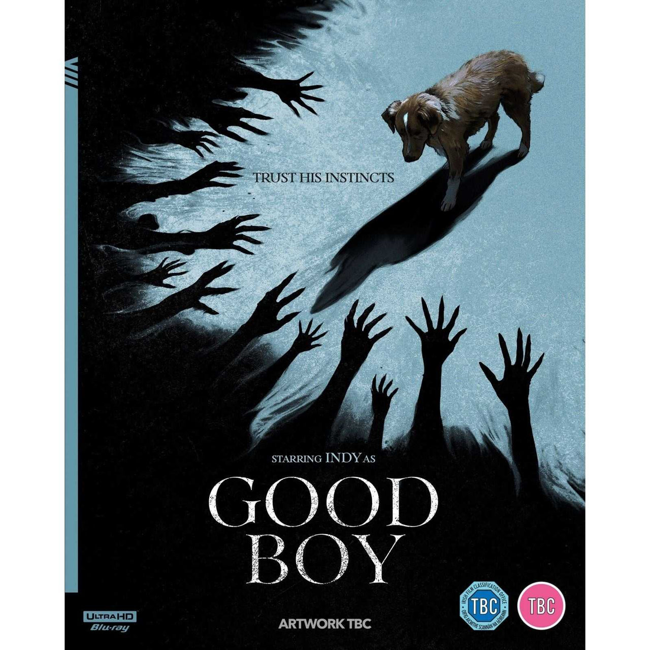 Good Boy (2025) 4K UHD movie cover with dog and shadowy hands, pre-order with extras and slipcover