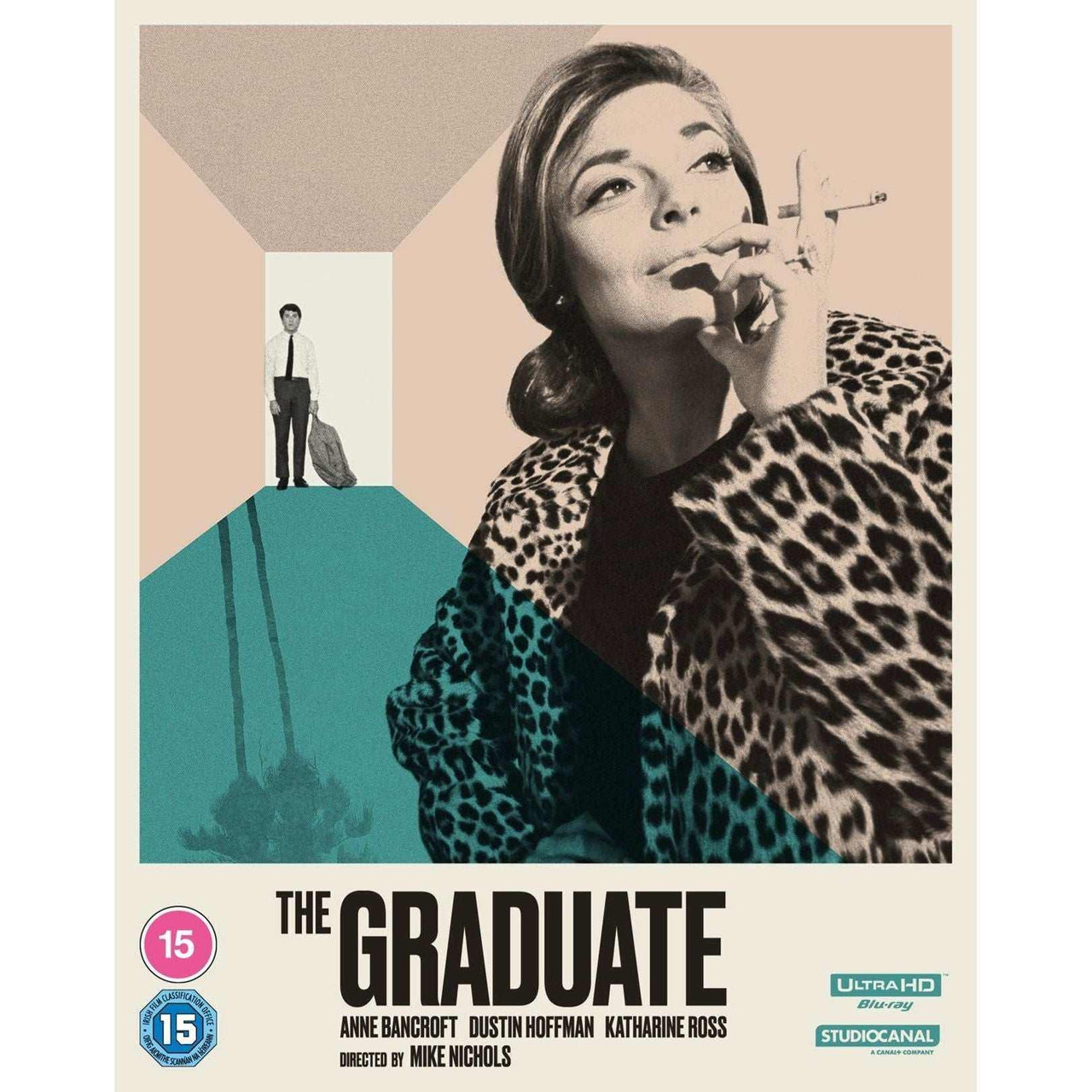 The Graduate Limited Collectors Edition 4K Ultra HD and Blu-Ray slipcase with extras featuring iconic film artwork of woman in leopard coat smoking and man in suit at hallway background