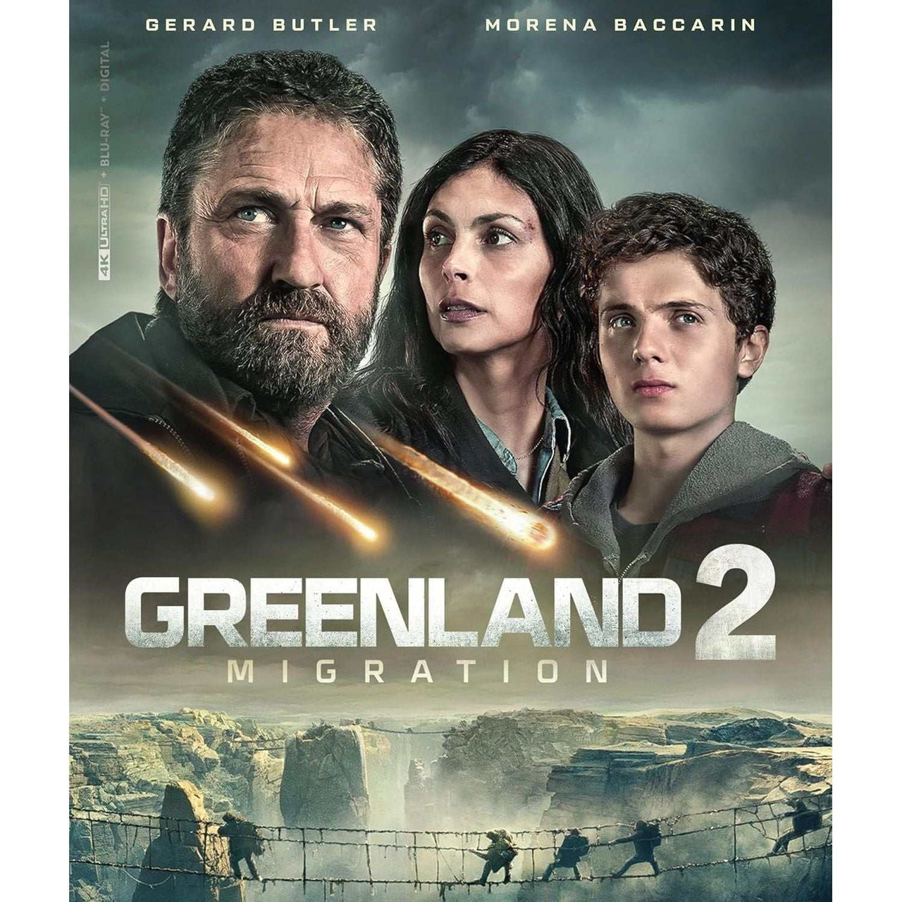 Greenland 2: Migration 4K UHD Blu-Ray pre-order cover featuring Gerard Butler and family survival journey