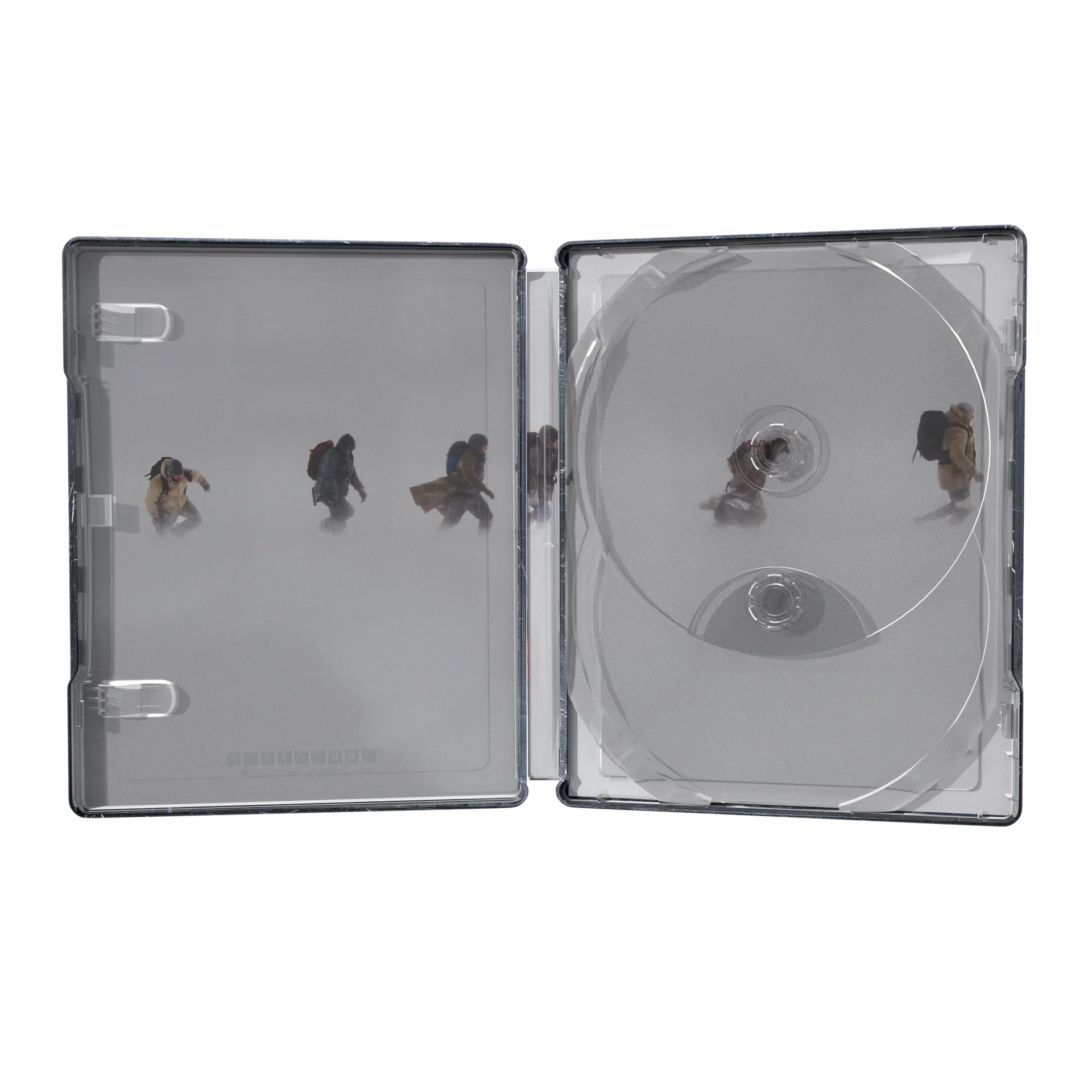 Open steelbook case for The Grey 4K UHD with artwork of figures walking in snow