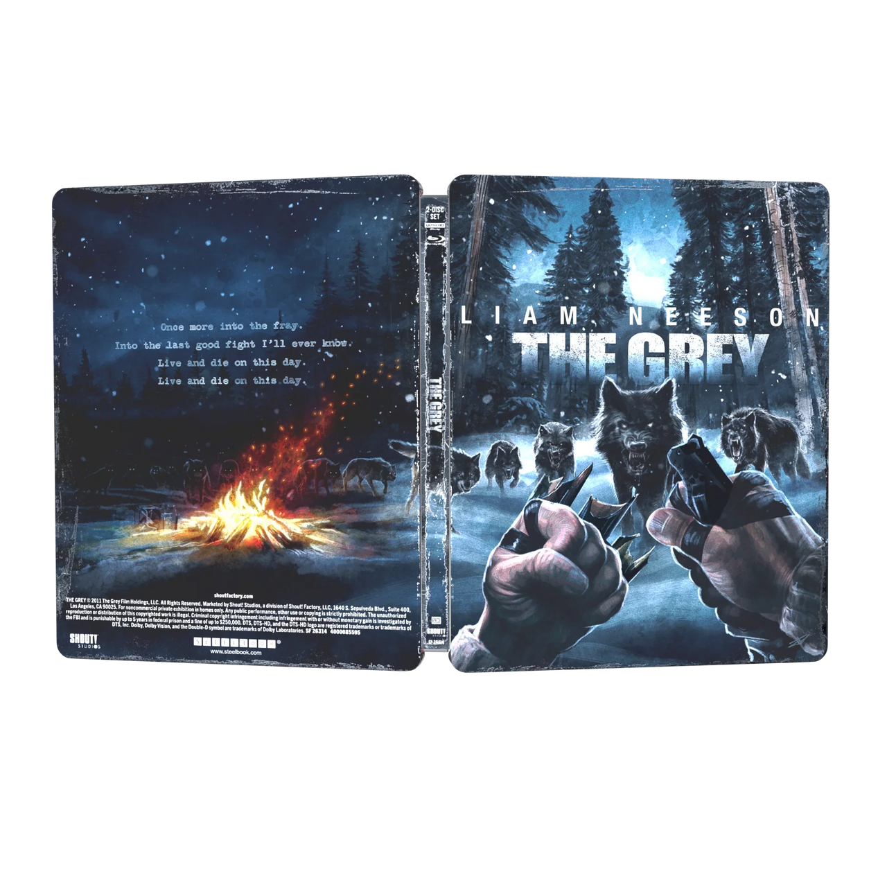 The Grey 4K UHD limited edition steelbook featuring Liam Neeson with wolf pack and survival scene