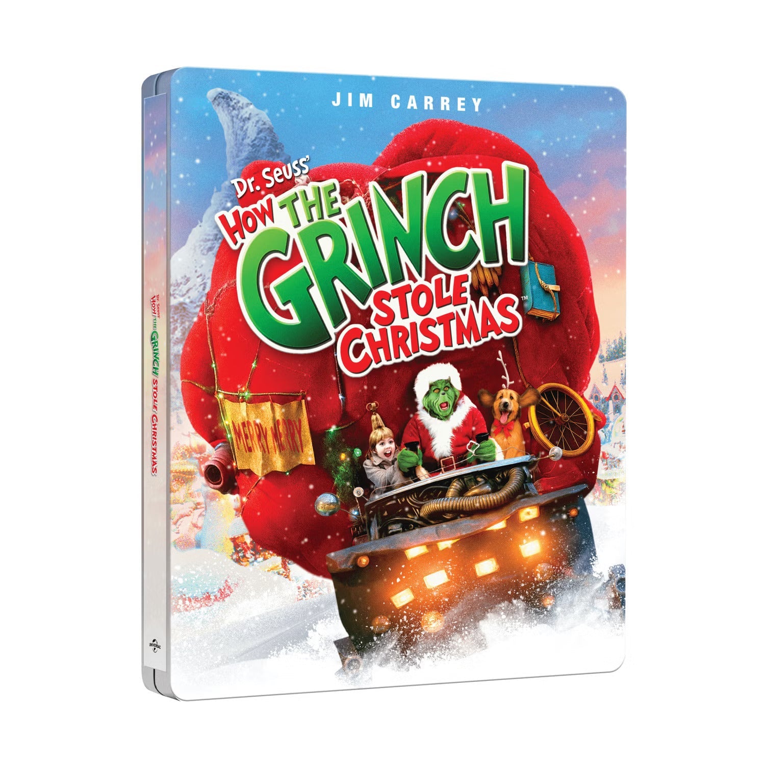 Dr Seuss How The Grinch Stole Christmas limited edition steelbook 4K Ultra HD and Blu-Ray cover with Grinch and festive background