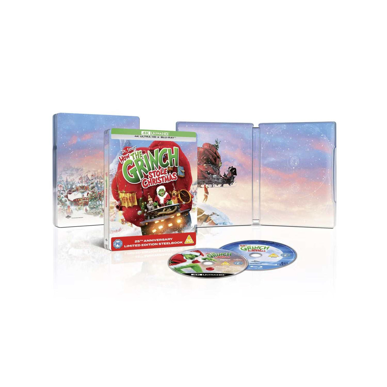 Dr Seuss How The Grinch Stole Christmas UK Limited Edition Steelbook 4K Ultra HD and Blu-Ray set with inner artwork and discs displayed