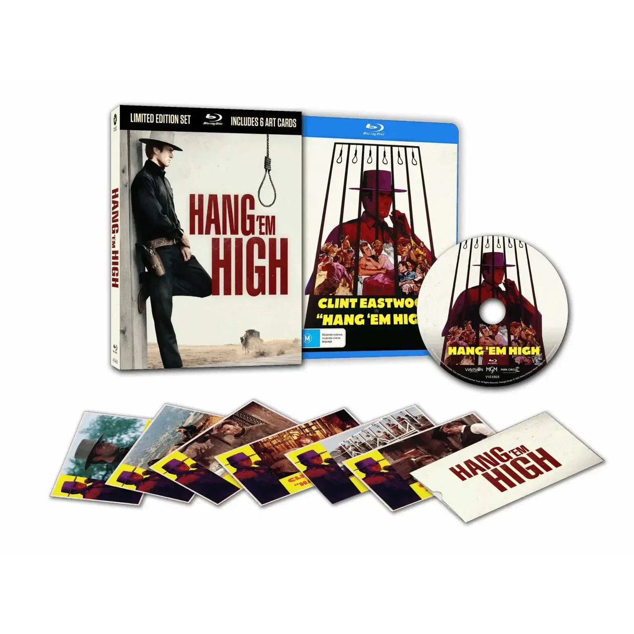 Hang 'Em High limited edition Blu-ray set with 3D lenticular hardcase, art cards, and disc featuring Clint Eastwood Western film.