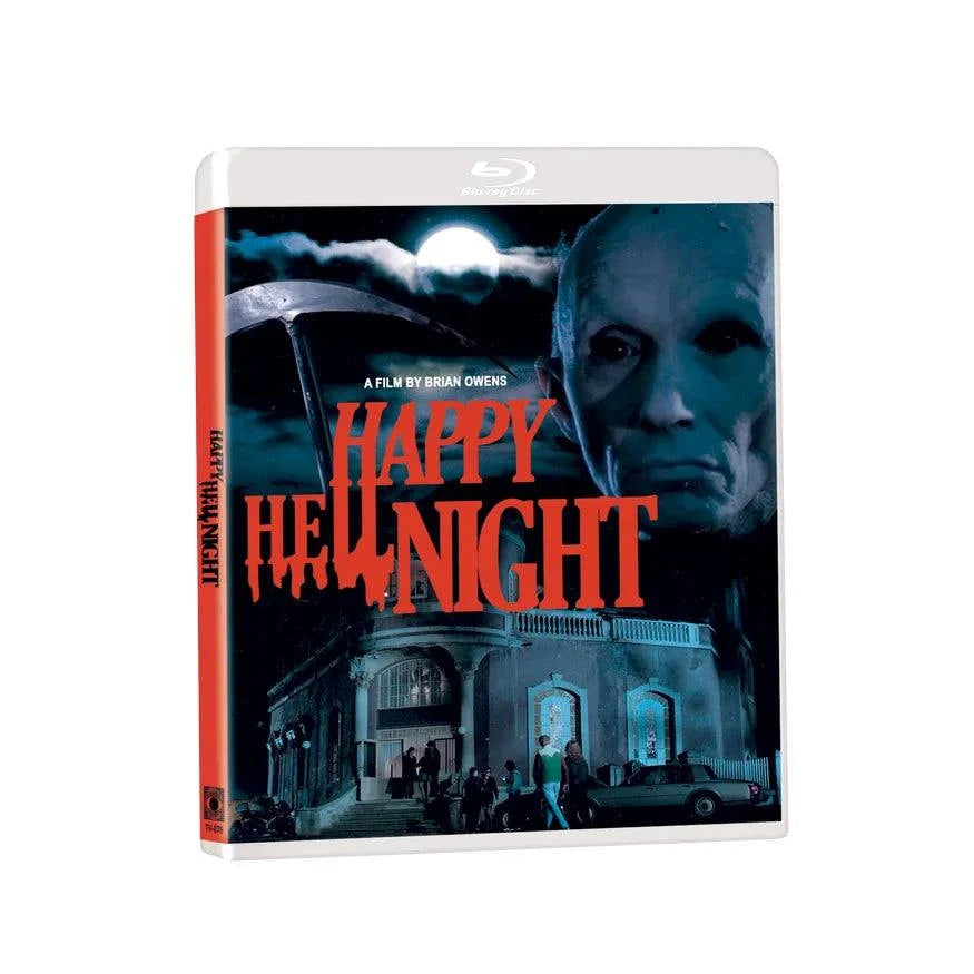 Happy Hell Night 1991 4K UHD Blu-ray horror movie cover with eerie masked face and dark building background
