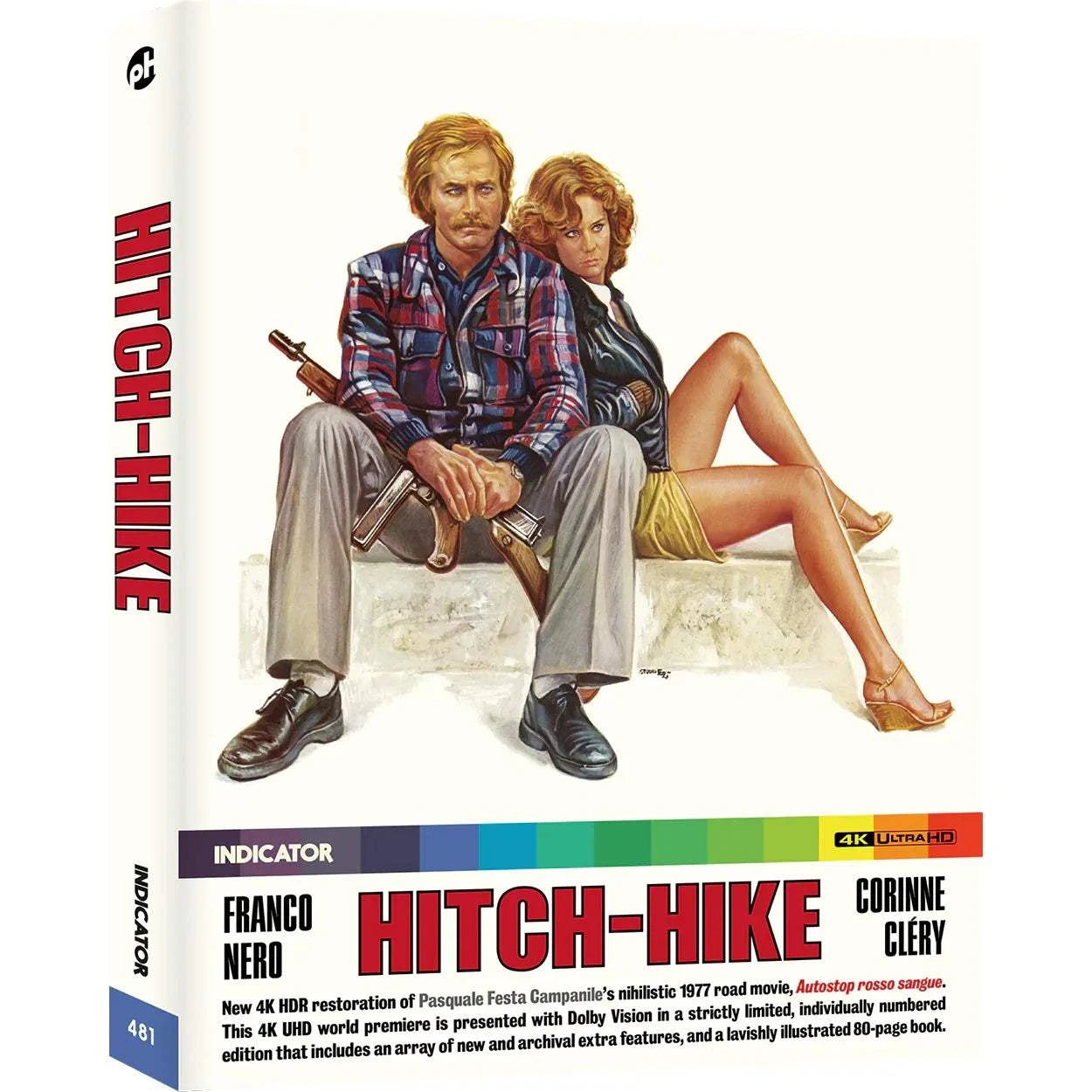 Hitch-Hike Limited Edition 4K Ultra HD cover featuring Franco Nero and Corinne Cléry sitting back-to-back with a gun, limited edition slipcase and booklet.