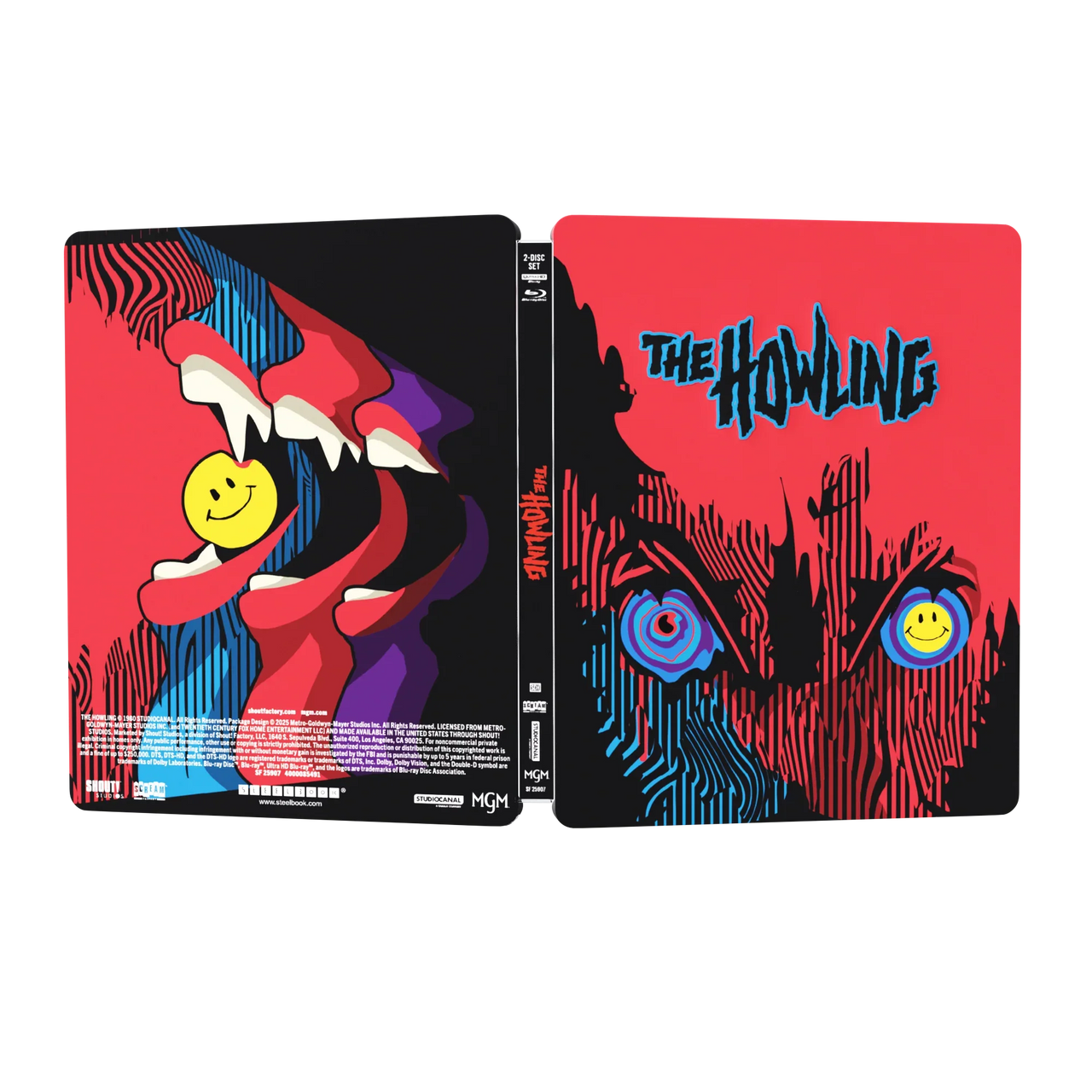PRE-ORDER The Howling Limited Edition Steelbook 4K UHD and Blu-Ray with vibrant red and black werewolf design and smiley face icon