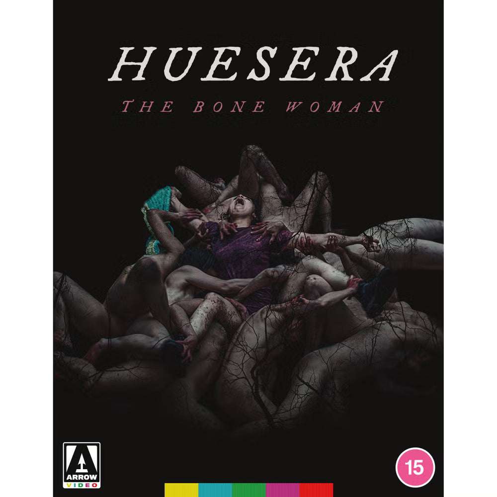 Huesera The Bone Woman Blu-ray cover featuring dark, eerie imagery with intertwined bodies and haunting atmosphere