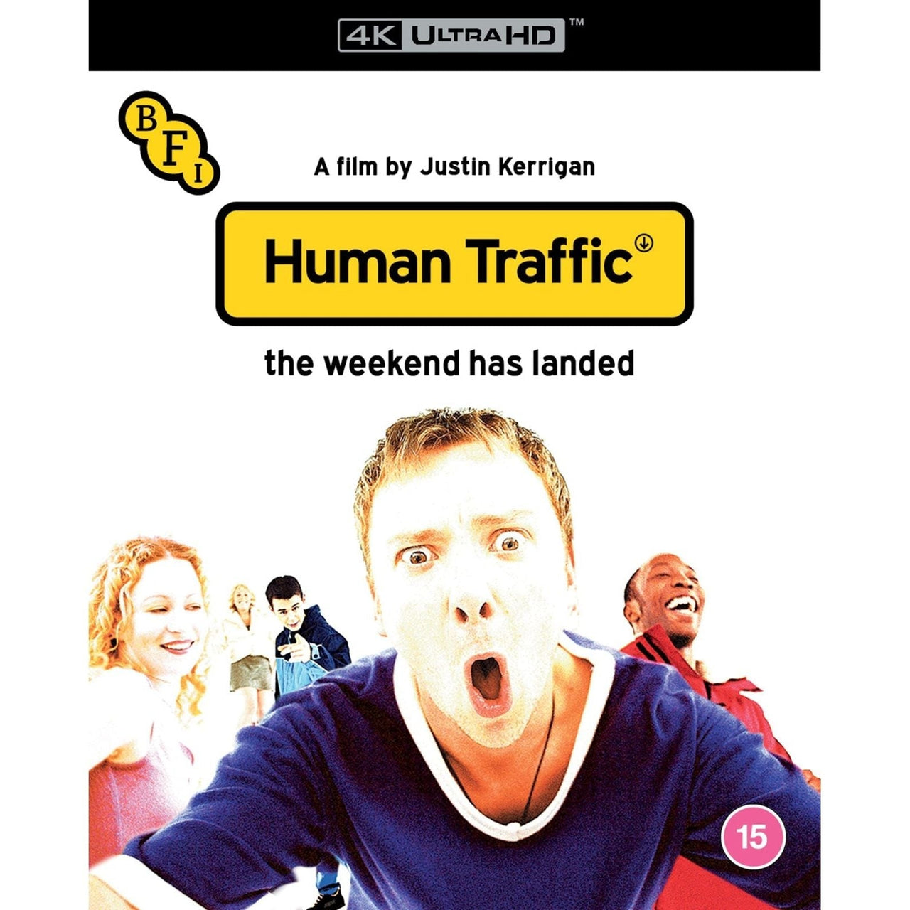 Human Traffic 4K UHD Blu-ray cover with main character shouting and friends smiling, limited edition slipcover by BFI