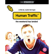 Human Traffic 4K UHD Blu-ray cover with main character shouting and friends smiling, limited edition slipcover by BFI