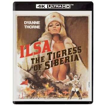 Ilsa The Tigress Of Siberia 4K UHD Blu-ray cover featuring Dyanne Thorne in Soviet attire with snowy Siberian background