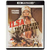 Ilsa The Tigress Of Siberia 4K UHD Blu-ray cover featuring Dyanne Thorne in Soviet attire with snowy Siberian background
