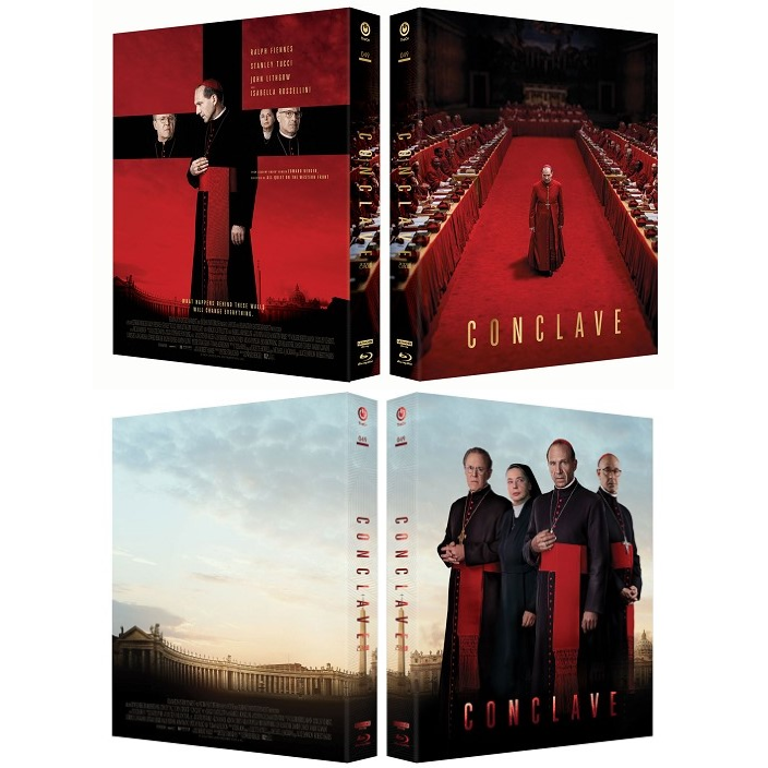 Conclave Digipack limited edition 4K UHD and Blu-Ray set with matching slipcases featuring Cardinal Lawrence and Vatican scenes