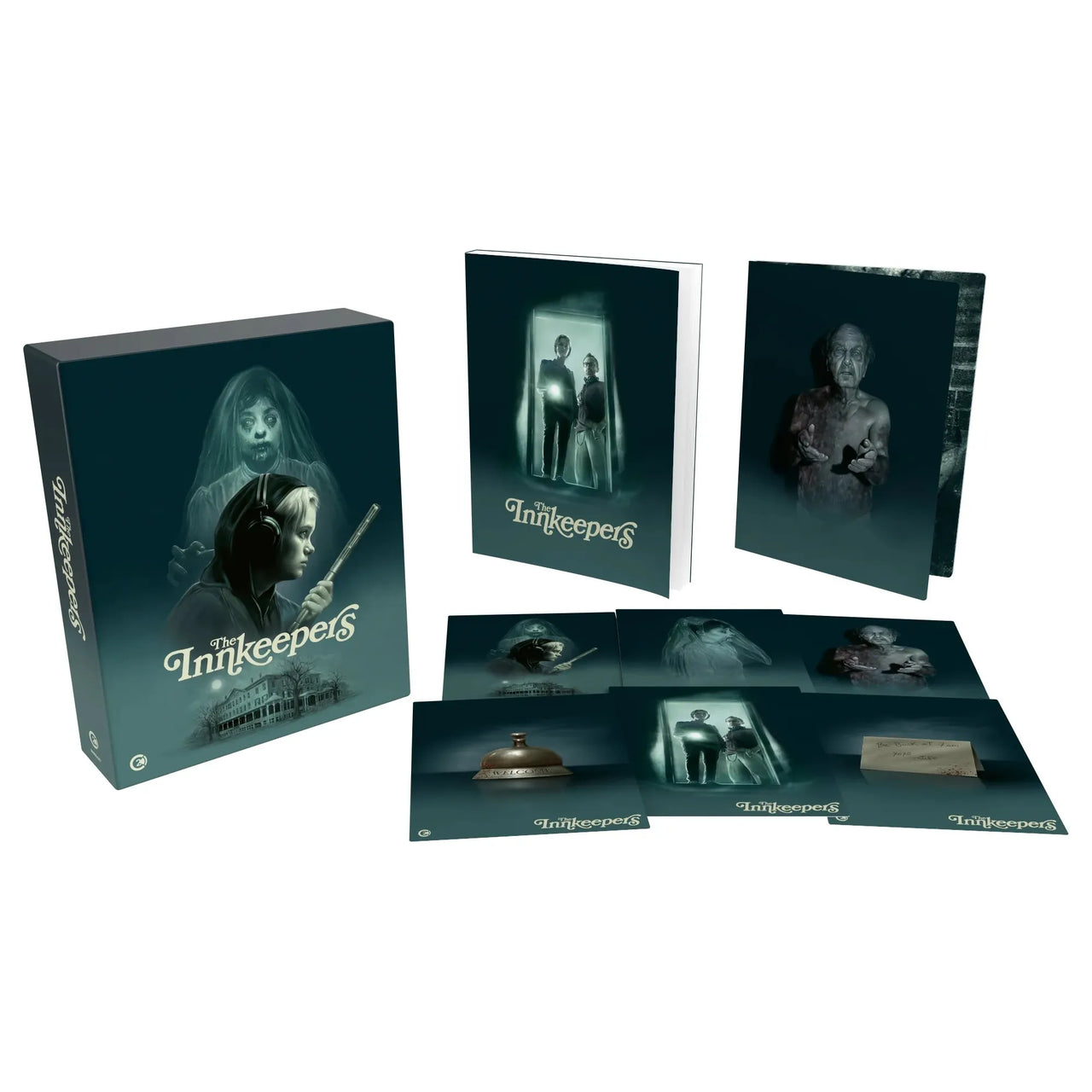 Limited edition 4K Ultra HD and Blu-Ray set of "The Inn Keepers" with rigid slipcase and collectible art cards.