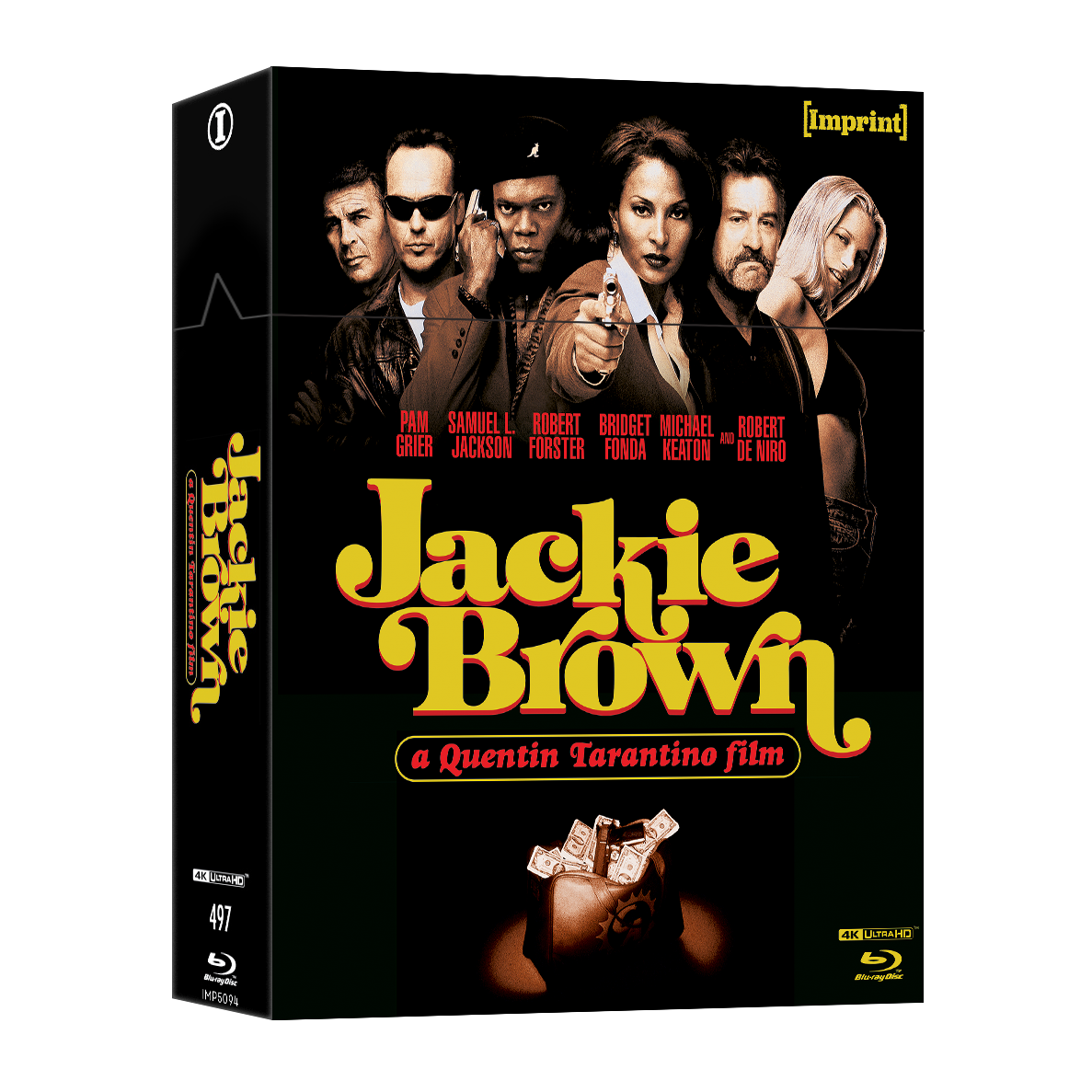 Jackie Brown 1997 4K UHD and Blu-ray limited edition hardbox cover featuring main cast and Quentin Tarantino film title