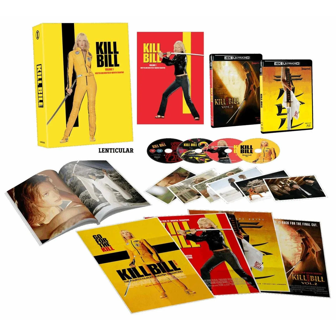 Kill Bill limited edition 4K UHD and Blu-ray set with lenticular hardbox, posters, booklet, and collectible cards
