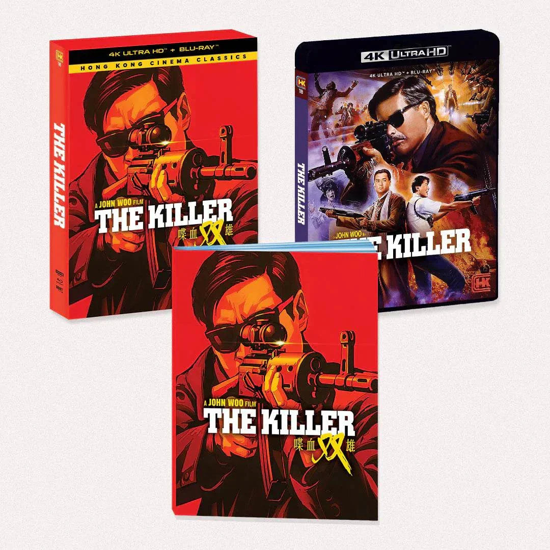 The Killer 4K UHD deluxe limited edition set with bold red and action-packed cover art featuring John Woo's classic Hong Kong cinema film