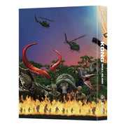 Kong: Skull Island 4K UHD and Blu-Ray Steelbook featuring helicopters, fiery battle scene, and island creatures against a sunset sky