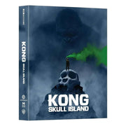 Kong: Skull Island 4K UHD Blu-Ray steelbook with exclusive glossy finish and embossed title, featuring artwork of Kong silhouette and a person on a skull rock.