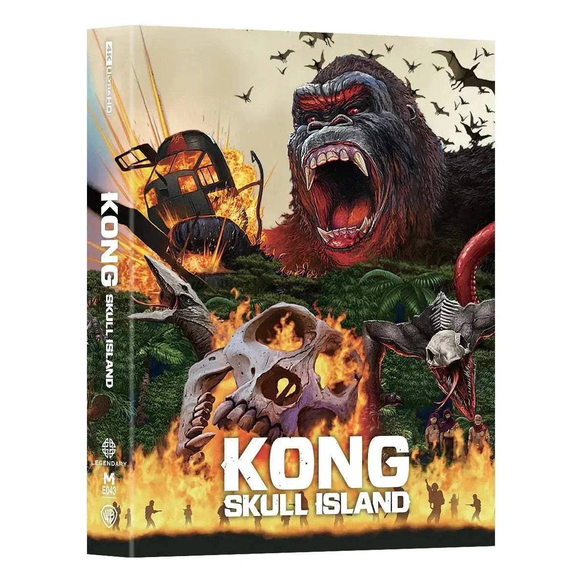 Kong: Skull Island 4K UHD and Blu-Ray Steelbook featuring roaring Kong with fiery skull and jungle background