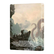 Kong: Skull Island 4K UHD and Blu-Ray steelbook edition featuring an intense sea monster battle scene with explorers on rocky cliffs and giant tentacles rising from the ocean.