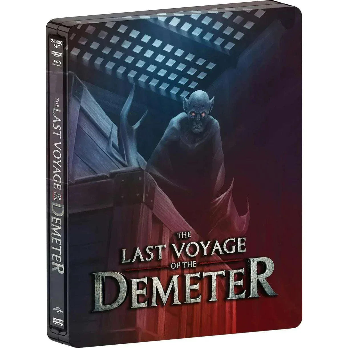 The Last Voyage of the Demeter limited edition 4K UHD and Blu-Ray steelbook cover showing a menacing vampire figure aboard a ship.
