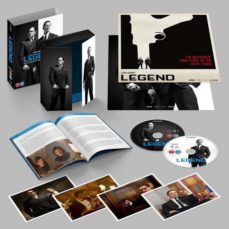 Legend 10th Anniversary Collector's Edition 4K UHD and Blu-Ray set with booklet, art cards, and posters featuring the story of the Kray twins