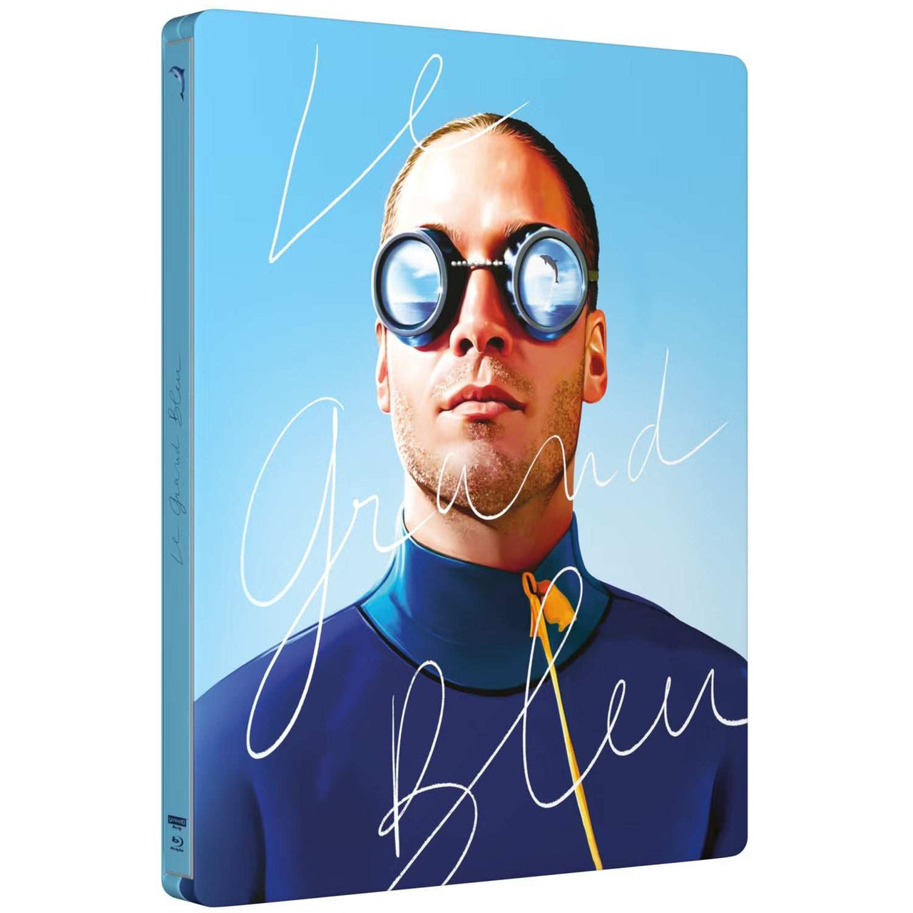 The Big Blue limited edition steelbook 4K UHD and Blu-Ray cover with diver in goggles and blue background