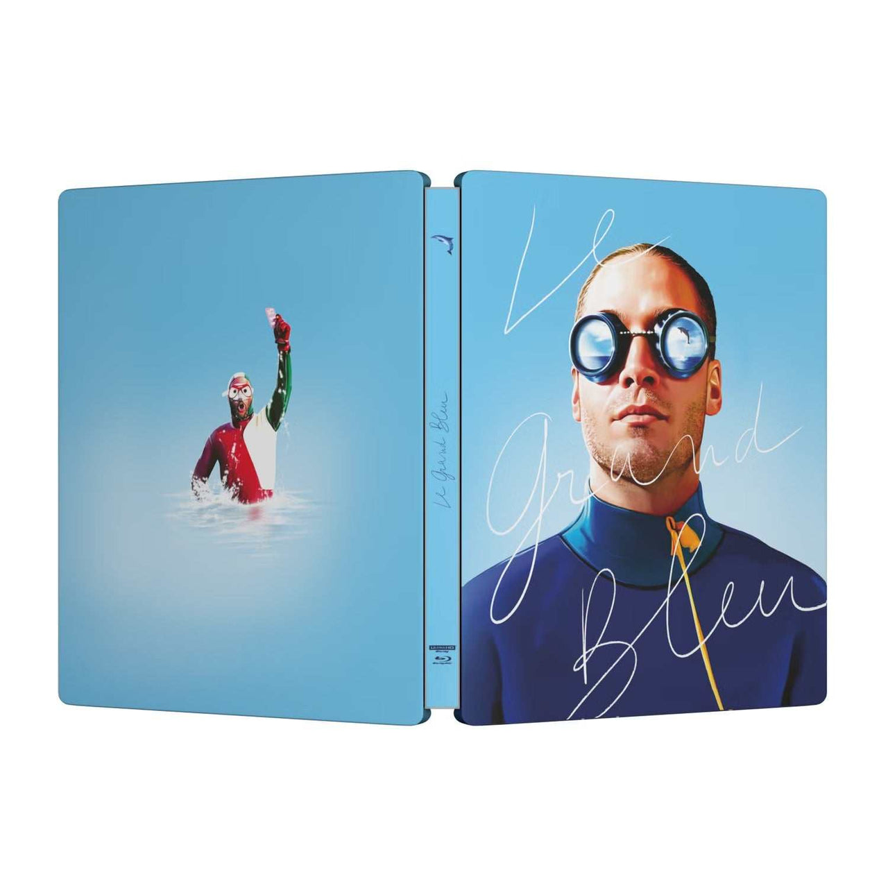 The Big Blue limited edition steelbook 4K UHD and Blu-Ray cover featuring a diver with reflective goggles and stylized title text